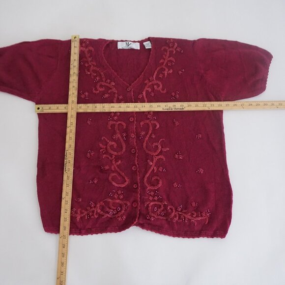 Vintage Maggie Lawrence Embroidered Knit Button Cardigan Top Burgundy 18/20 - Picture 1 of 9